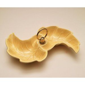Vintage Yellow Double Leaf Relish Snack Dish/Bowl, Brass Handle, Ceramic, MCM